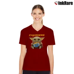 Women’s Baby Yoda Chargers Football Team Star Wars Fan V-Neck Tee in maroon | Chic Neckline, Soft Texture