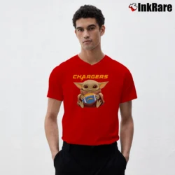 Men’s Baby Yoda Chargers Football Team Star Wars Fan V-Neck Tee in red | Sharp, Breathable, Everyday Staple