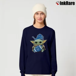 Women’s Baby Yoda Hugs Detroit Lions Football Mandalorian Long-Sleeve Top in navy | Sleek, Versatile, All-Season