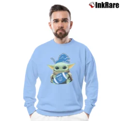 Men’s Baby Yoda Hugs Detroit Lions Football Mandalorian Crewneck Sweatshirt in light blue | Cozy Fabric, Clean Style