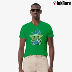 Men’s Baby Yoda Hugs Detroit Lions Football Mandalorian V-Neck Tee in irish green | Sharp, Breathable, Everyday Staple