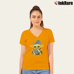 Women’s Baby Yoda Hugs Detroit Lions Football Mandalorian V-Neck Tee in orange | Chic Neckline, Soft Texture