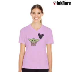 Women’s Baby Yoda Mickey Balloon Disney Star Wars Mashup V-Neck Tee in light pink | Chic Neckline, Soft Texture