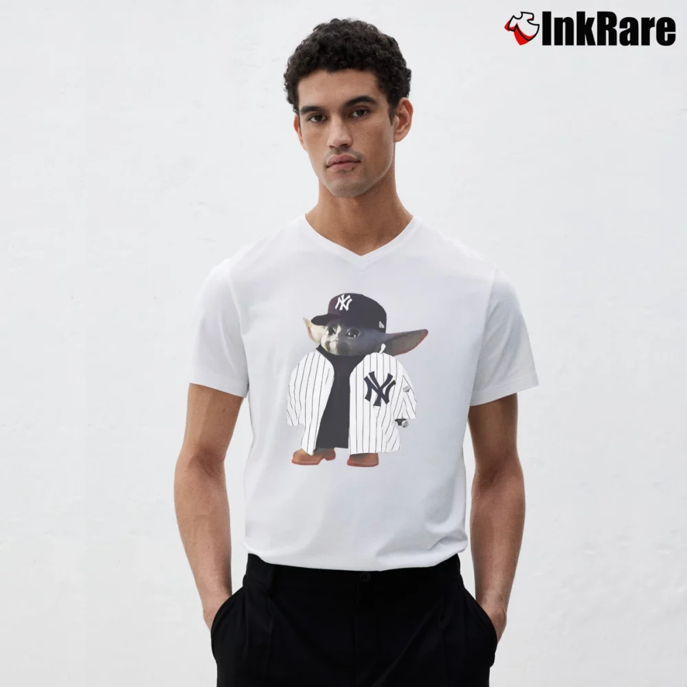 Men’s Baby Yoda New York Yankees Mandalorian Damn Yankees V-Neck Tee in white | Sharp, Breathable, Everyday Staple