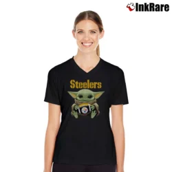 Women’s Baby Yoda Pittsburgh Steelers Football Star Wars Fan V-Neck Tee in black | Chic Neckline, Soft Texture