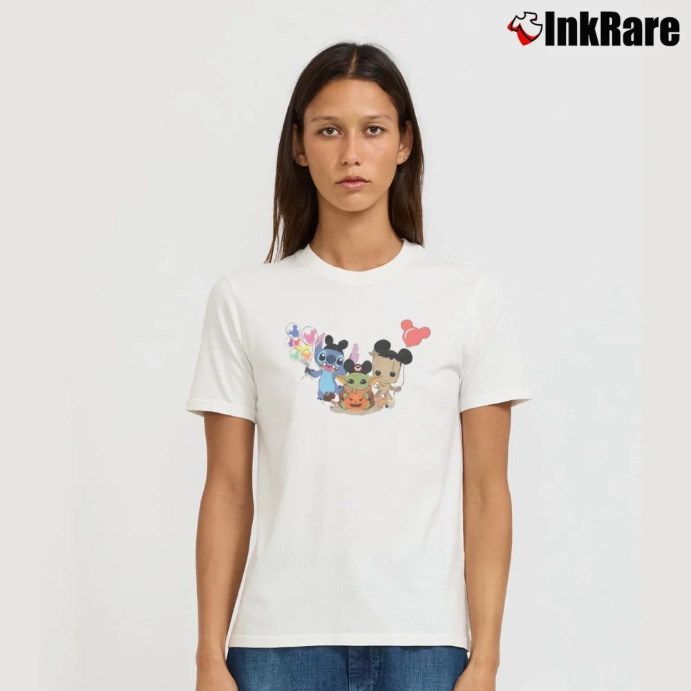 Women’s Baby Yoda Stitch Groot Avenger Disney Halloween Signature T-Shirt in white | Soft, Flattering Fit