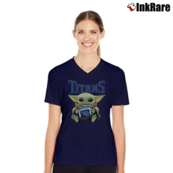 Women’s Baby Yoda Tennessee Titans Star Wars Football Fan V-Neck Tee in navy | Chic Neckline, Soft Texture