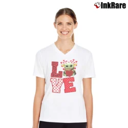 Women’s Baby Yoda Valentine Love Heart Cute Star Wars V-Neck Tee in white | Chic Neckline, Soft Texture