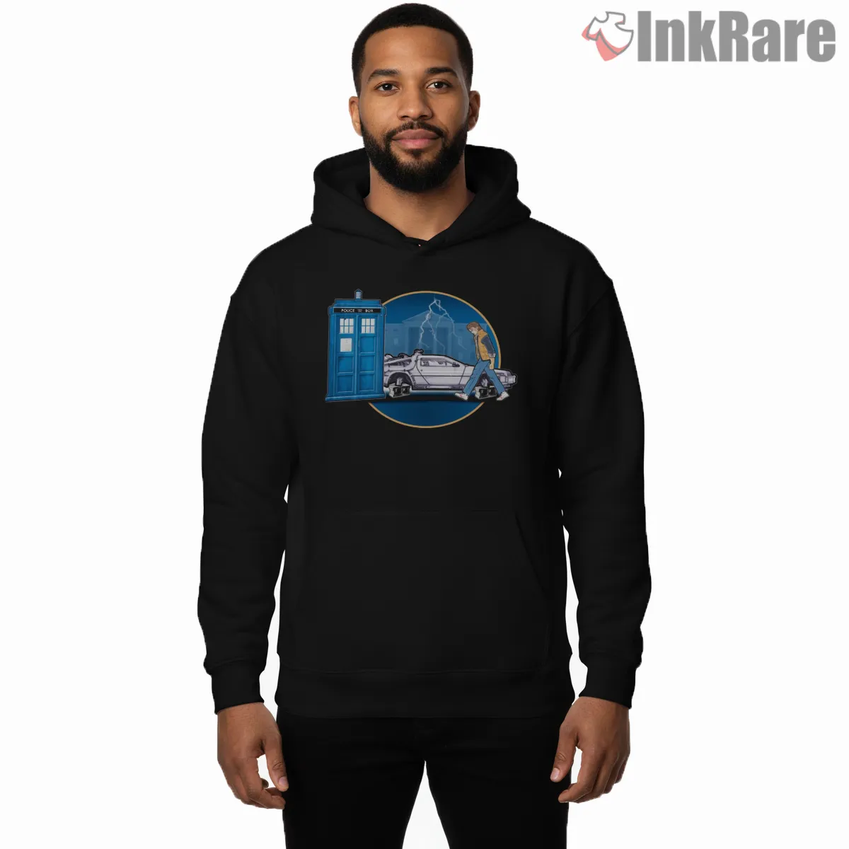 Back To The Tardis Time Travel Movie Mashup Hoodie Black Back To The Tardis Time Travel Movie Mashup Shirt on black hoodie for men graphic tee