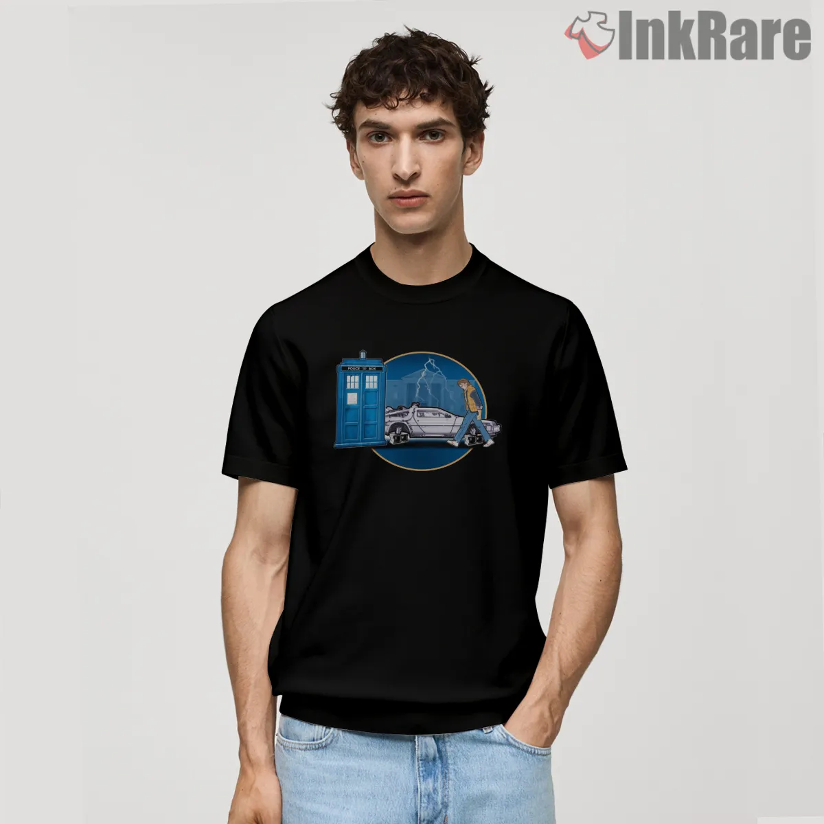 Back To The Tardis Time Travel Movie Mashup Short Sleeve Black Back To The Tardis Time Travel Movie Mashup Shirt on black short sleeve shirt for men graphic tee