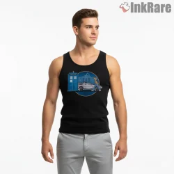Back To The Tardis Time Travel Movie Mashup Shirt on black tank top for men graphic tee