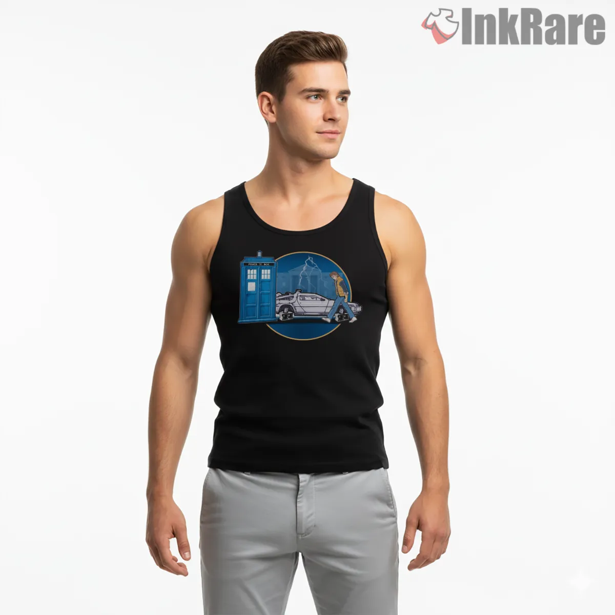 Back To The Tardis Time Travel Movie Mashup Tank Top Black Back To The Tardis Time Travel Movie Mashup Shirt on black tank top for men graphic tee