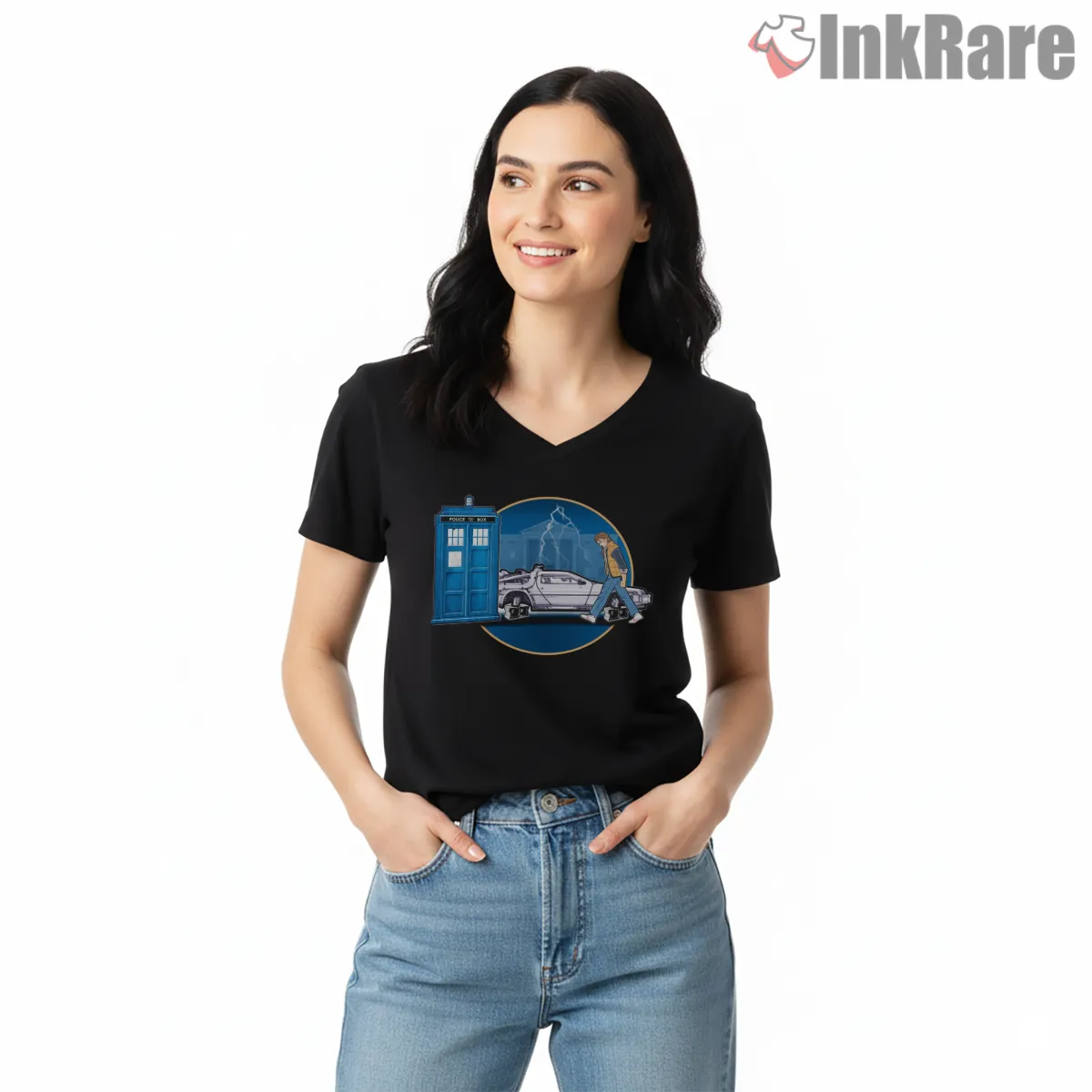 Back To The Tardis Time Travel Movie Mashup V Neck Black Back To The Tardis Time Travel Movie Mashup Shirt on black v-neck shirt for women graphic tee