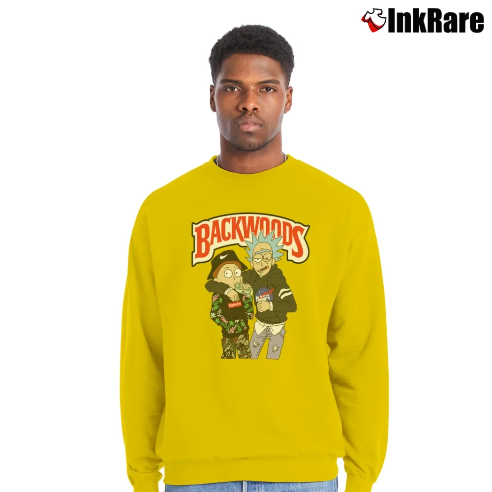 Men’s Backwoods Rick And Morty TV Show Novelty Crewneck Sweatshirt in yellow | Cozy Fabric, Clean Style