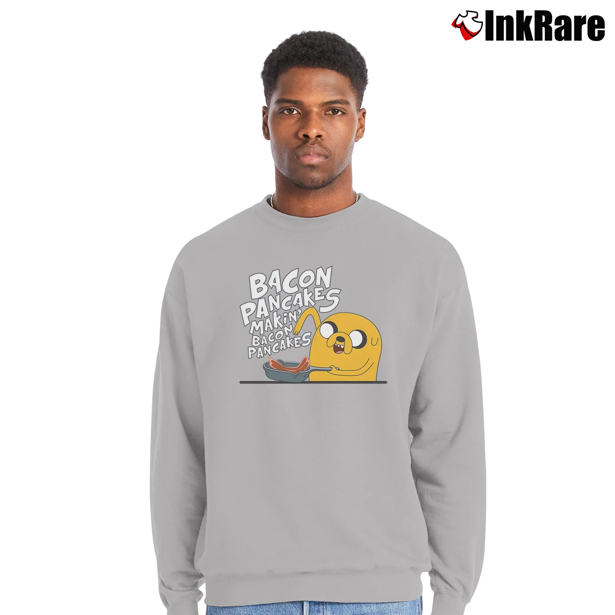 Men’s Bacon Pancakes Adventure Time Crewneck Sweatshirt in sport grey | Cozy Fabric, Clean Style