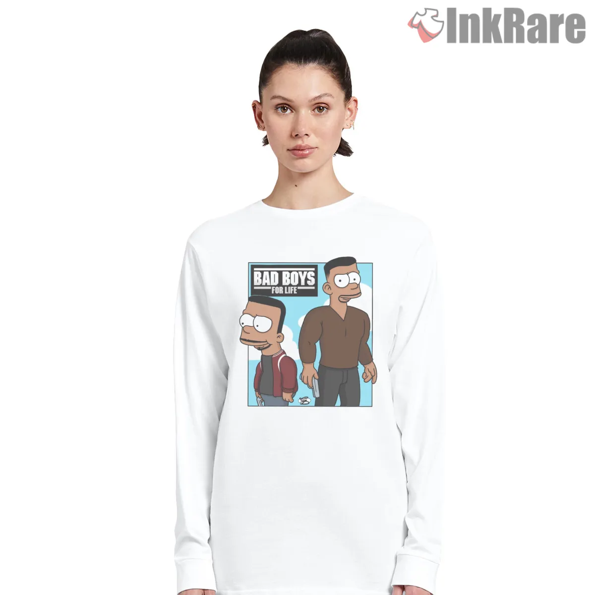 Bad Boys For Life Simpsons Action Duo Movie Mashup Long Sleeve White Bad Boys For Life Simpsons Action Duo Movie Mashup Shirt on white long sleeve shirt for women graphic tee