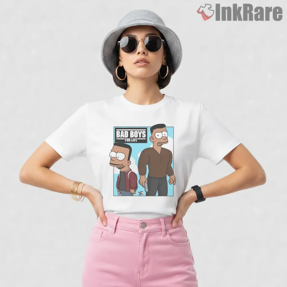 Bad Boys For Life Simpsons Action Duo Movie Mashup Shirt on white short sleeve shirt for women graphic tee