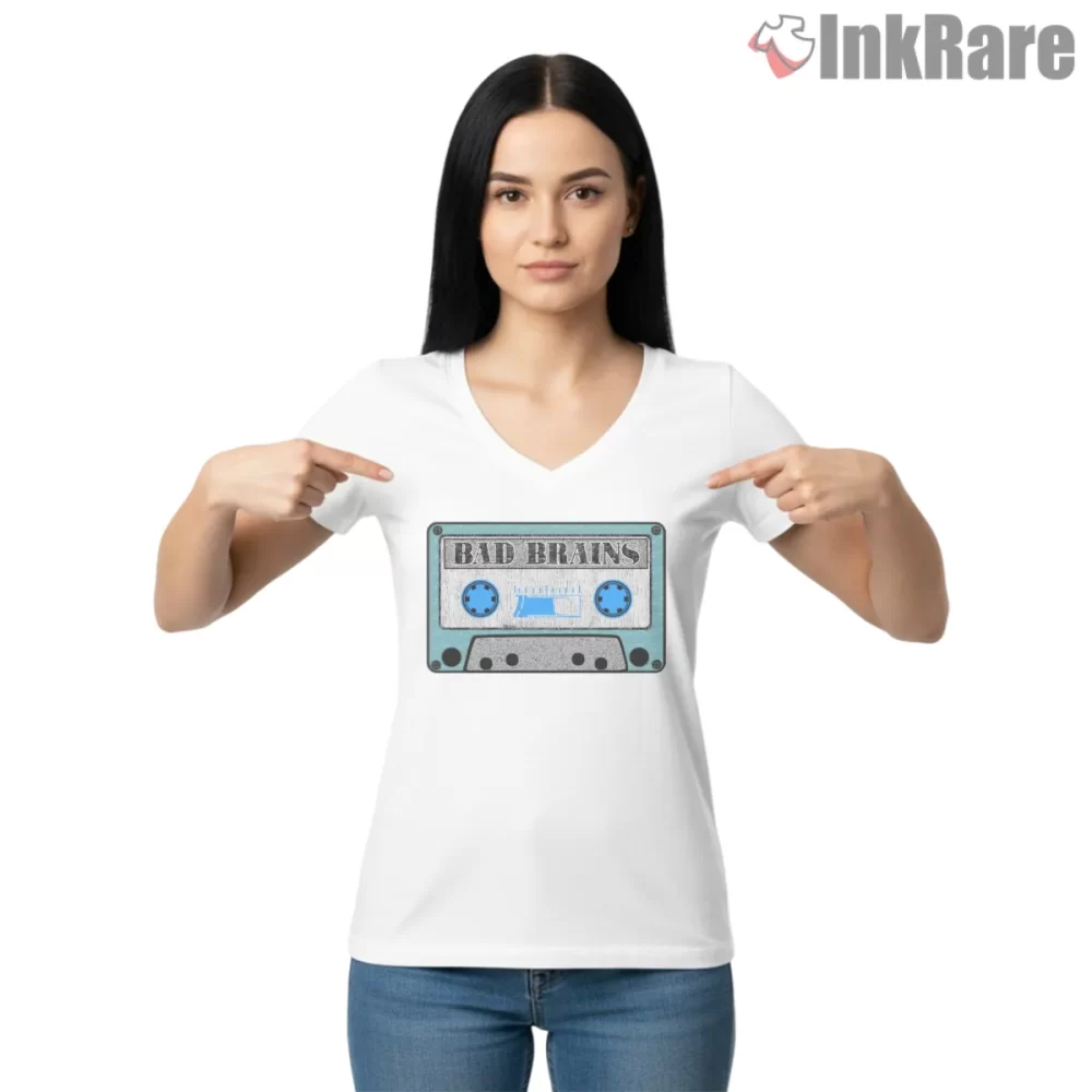 Bad Brains Blue Cassette Vintage Audio Shirt on white v-neck shirt for women graphic tee