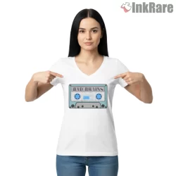 Bad Brains Blue Cassette Vintage Audio Shirt on white v-neck shirt for women graphic tee