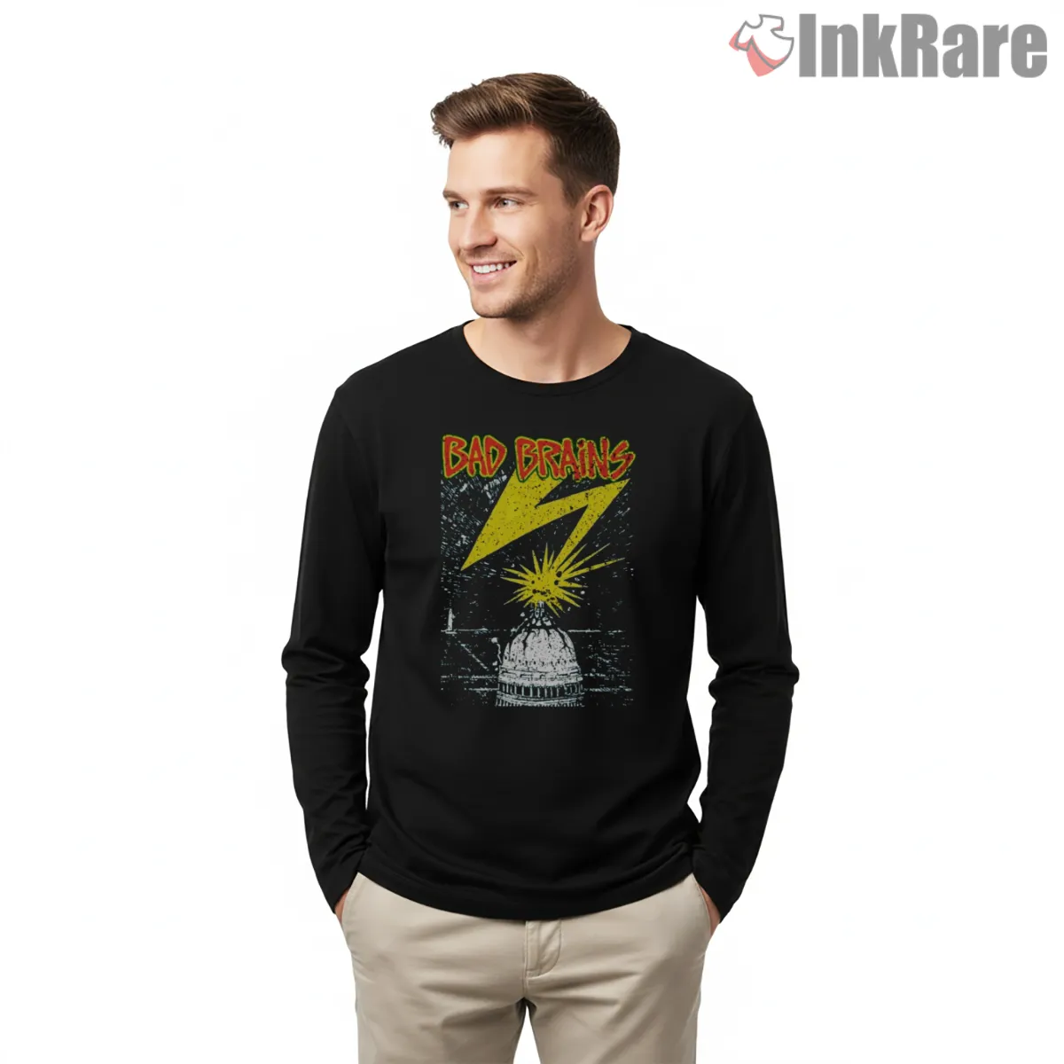 Bad Brains Capitol Lightning Vertical Edge Long Sleeve Black Bad Brains Capitol Lightning Vertical Edge Shirt on black long sleeve shirt for men graphic tee