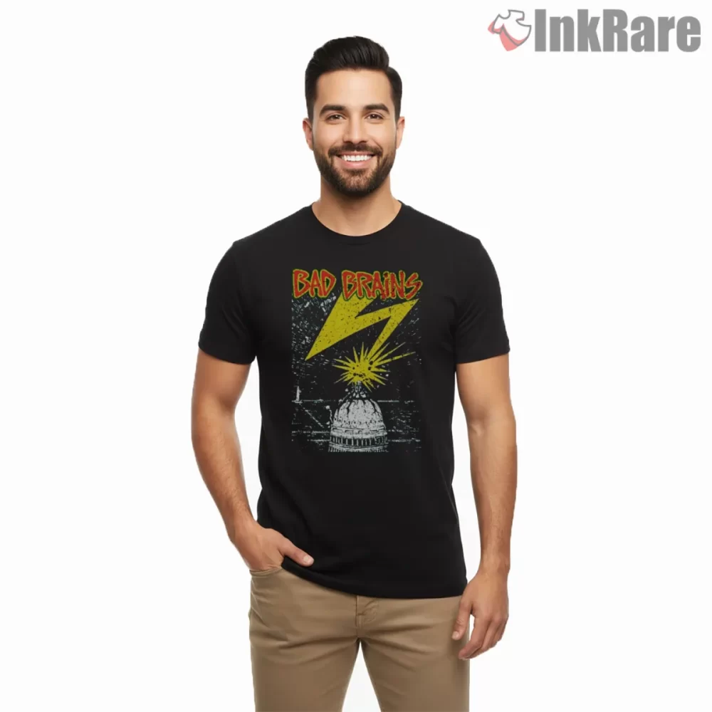 Bad Brains Capitol Lightning Vertical Edge Shirt on black short sleeve shirt for men graphic tee