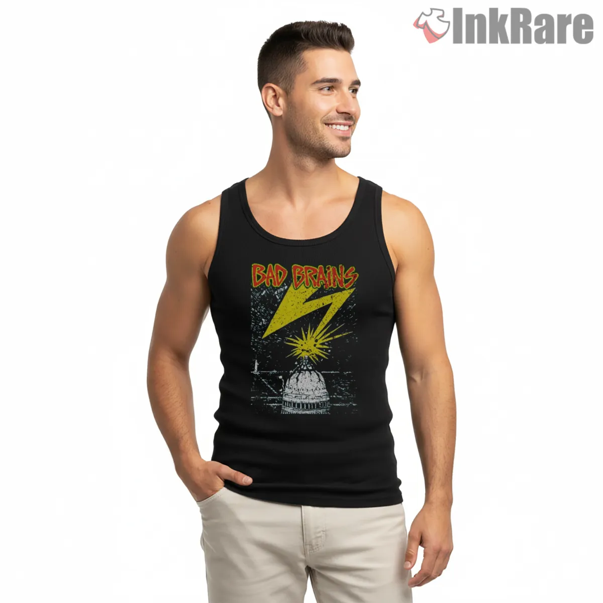 Bad Brains Capitol Lightning Vertical Edge Tank Top Black Bad Brains Capitol Lightning Vertical Edge Shirt on black tank top for men graphic tee