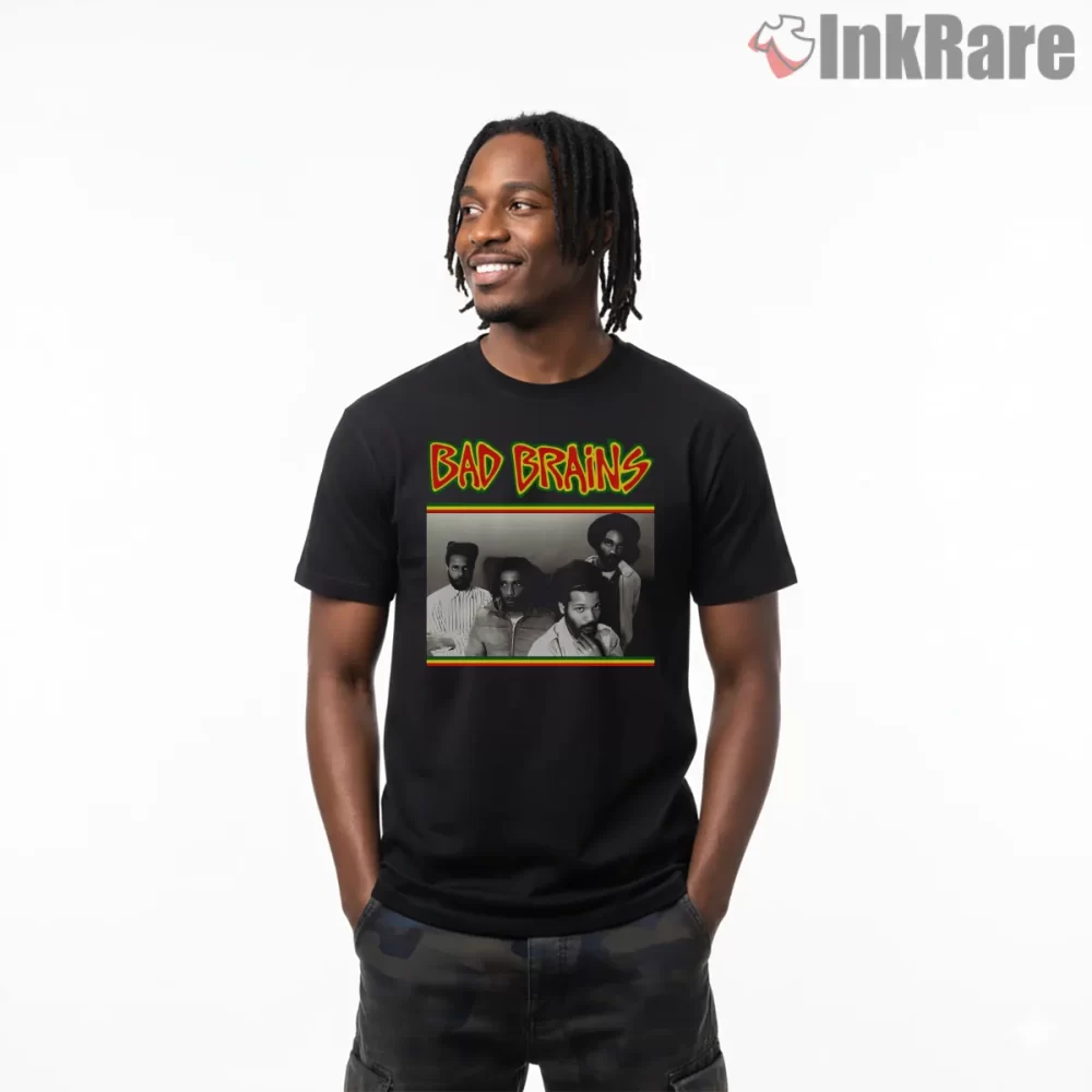 Bad Brains Classic Band Portrait Roots Shirt on black short sleeve shirt for men graphic tee