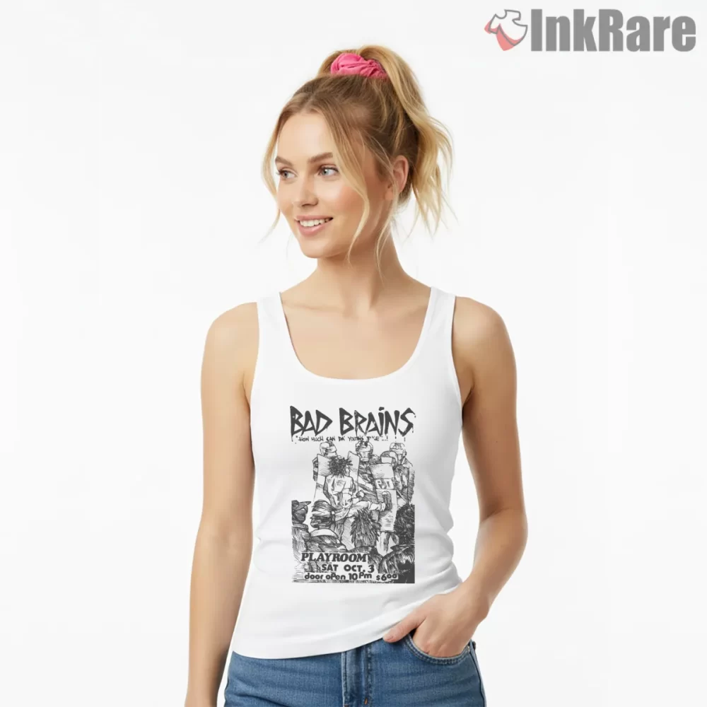 Bad Brains Classic Punk Flyer Shirt on white tank top for women graphic tee
