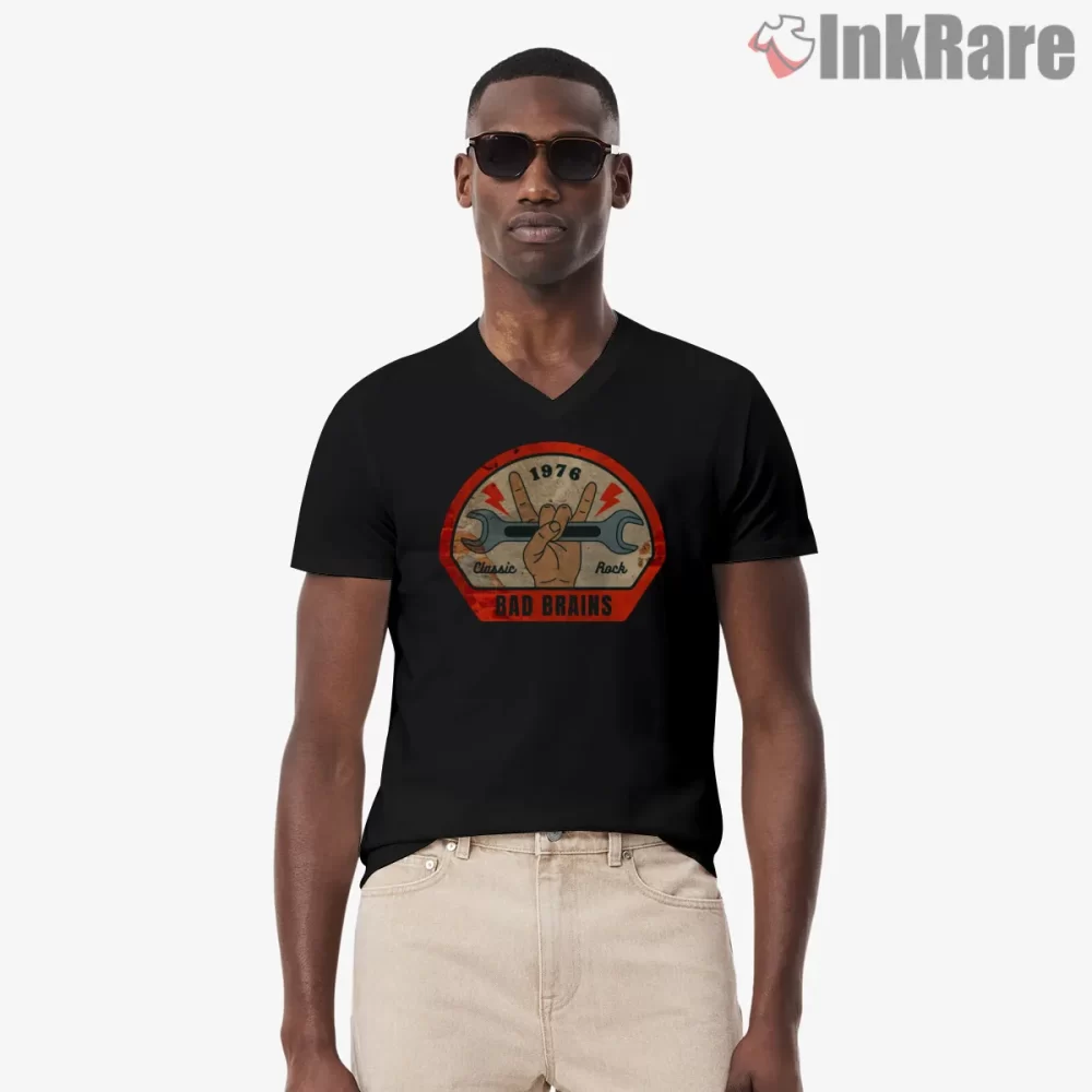 Bad Brains Classic Rock Wrench Emblem Shirt on black v-neck shirt for men graphic tee