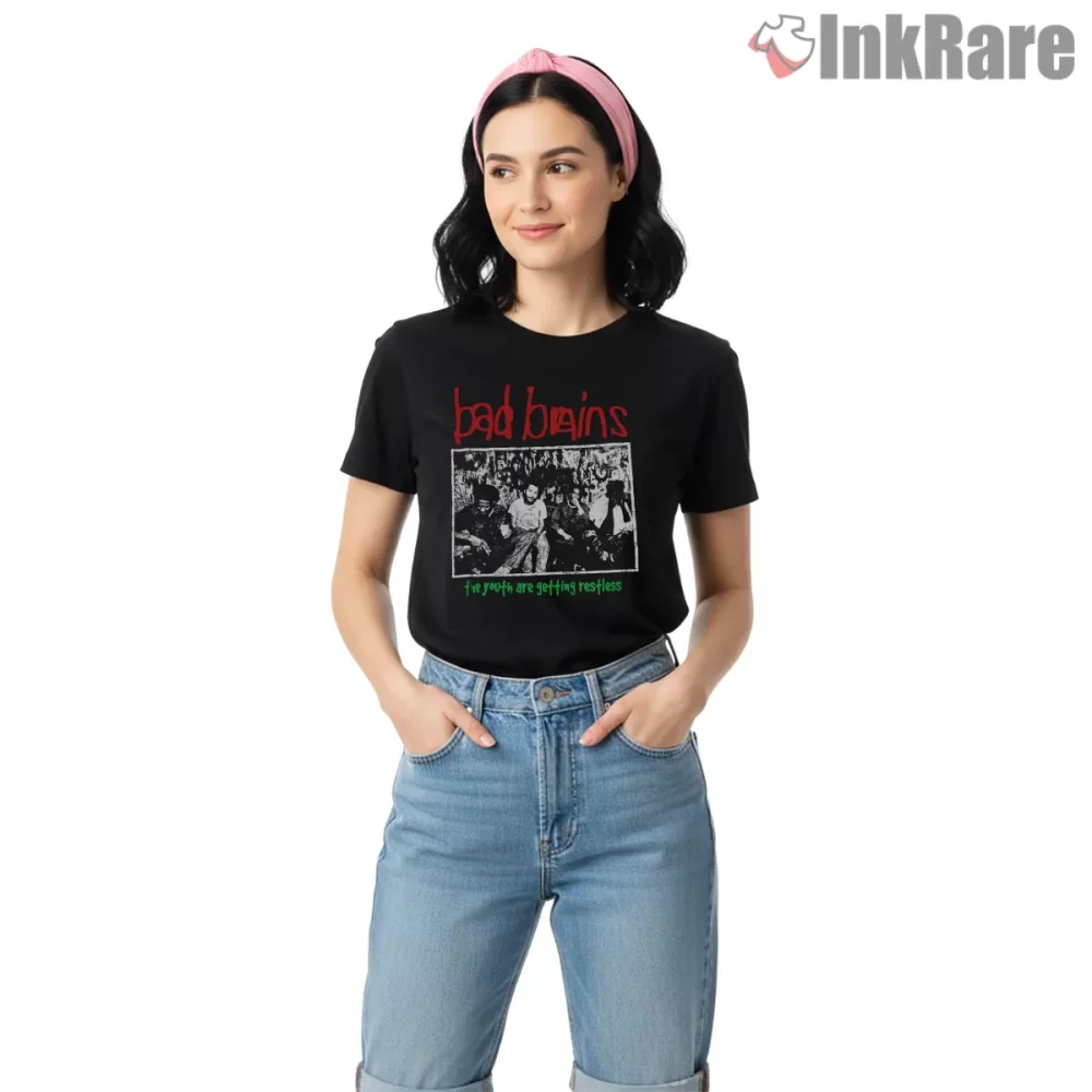 Bad Brains Early Hardcore Crowd Chaos Shirt on black short sleeve shirt for women graphic tee