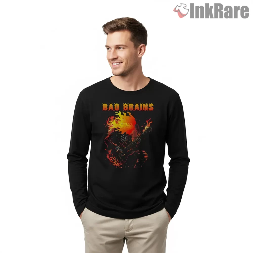 Bad Brains Flaming Guitar Fan Art Shirt on black long sleeve shirt for men graphic tee