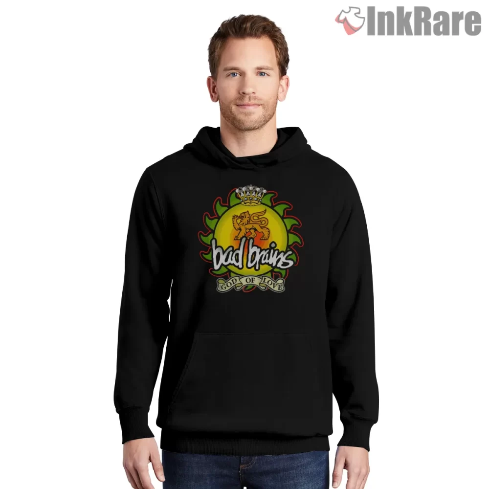 Bad Brains God Of Love Iconic Crest Shirt on black hoodie for men graphic tee