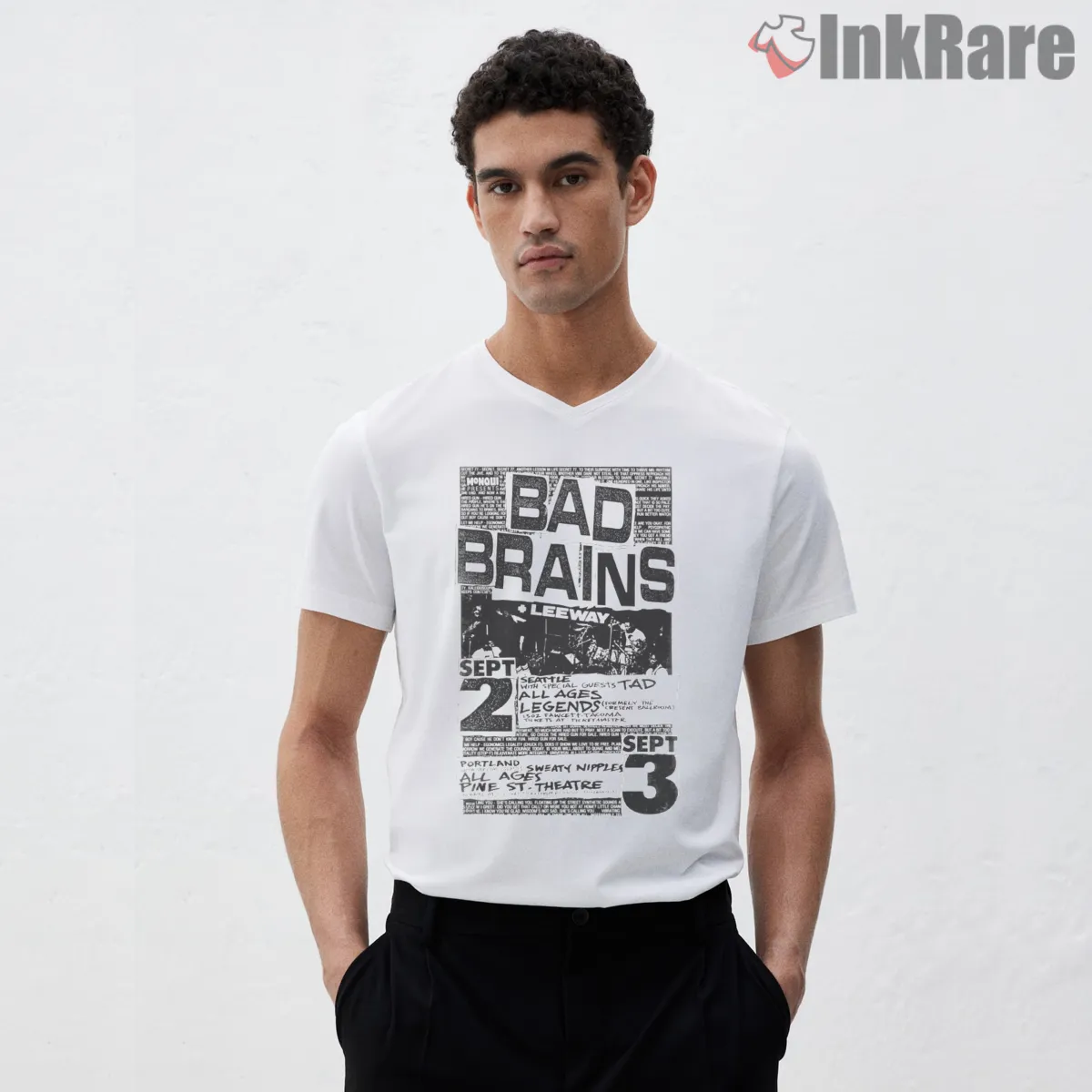 Bad Brains Hardcore Show Flyer V Neck White Bad Brains Hardcore Show Flyer Shirt on white v-neck shirt for men graphic tee