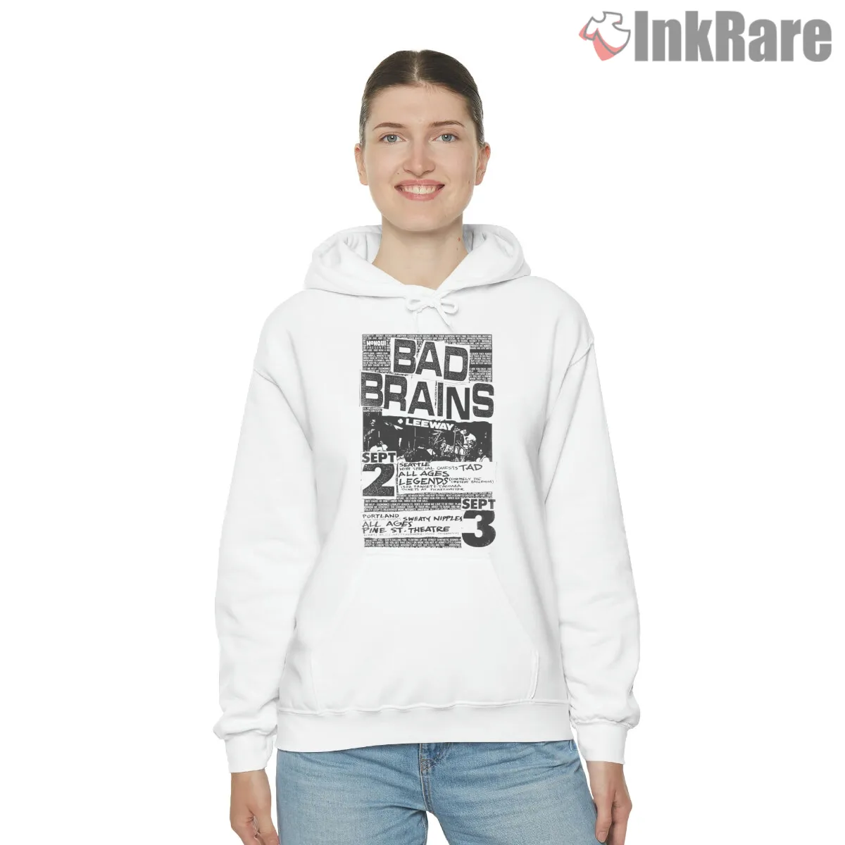 Bad Brains Hardcore Show Flyer Hoodie White Bad Brains Hardcore Show Flyer Shirt on white hoodie for women graphic tee