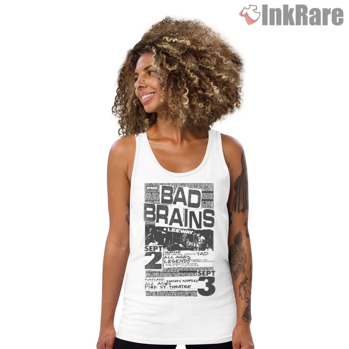 Bad Brains Hardcore Show Flyer Tank Top White Bad Brains Hardcore Show Flyer Shirt on white tank top for women graphic tee