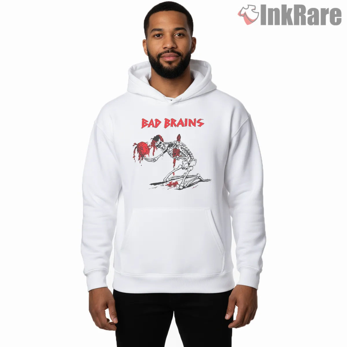 Bad Brains Hardcore Skeleton Energy Hoodie White Bad Brains Hardcore Skeleton Energy Shirt on white hoodie for men graphic tee