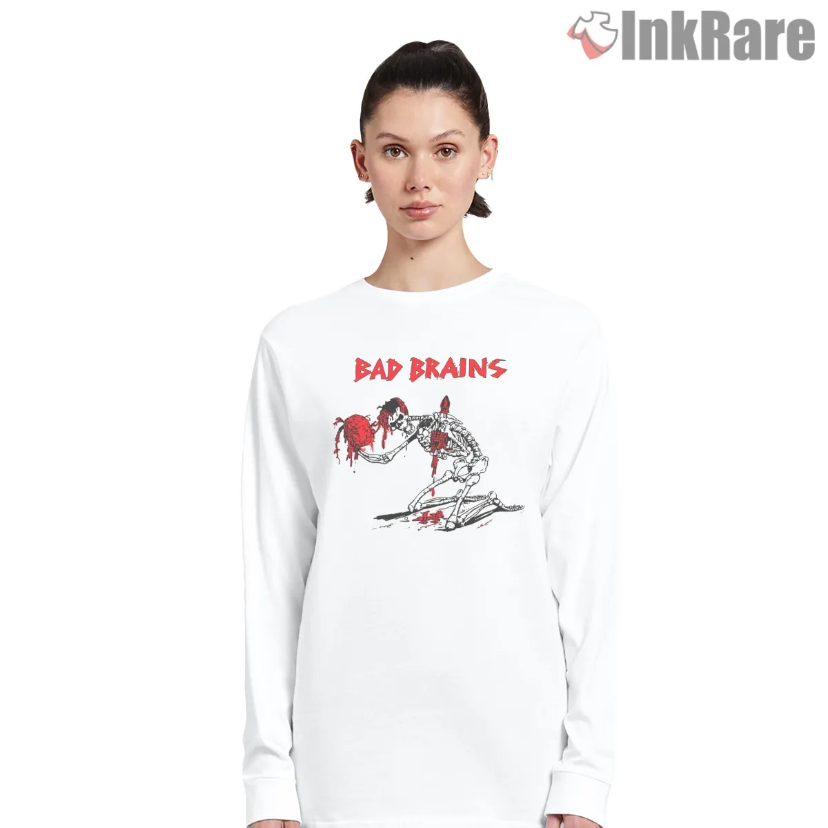 Bad Brains Hardcore Skeleton Energy Long Sleeve White Bad Brains Hardcore Skeleton Energy Shirt on white long sleeve shirt for women graphic tee
