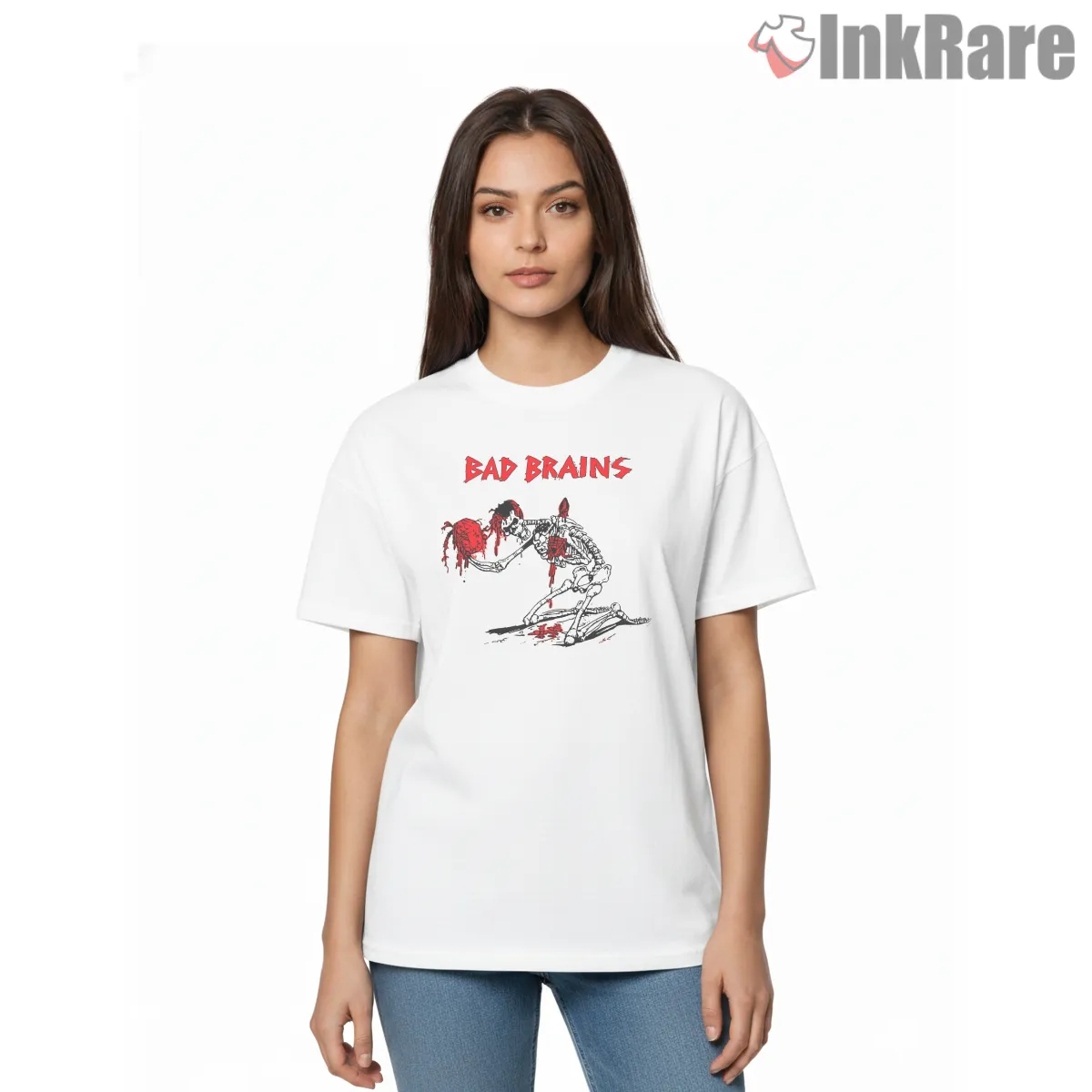 Bad Brains Hardcore Skeleton Energy Short Sleeve White Bad Brains Hardcore Skeleton Energy Shirt on white short sleeve shirt for women graphic tee