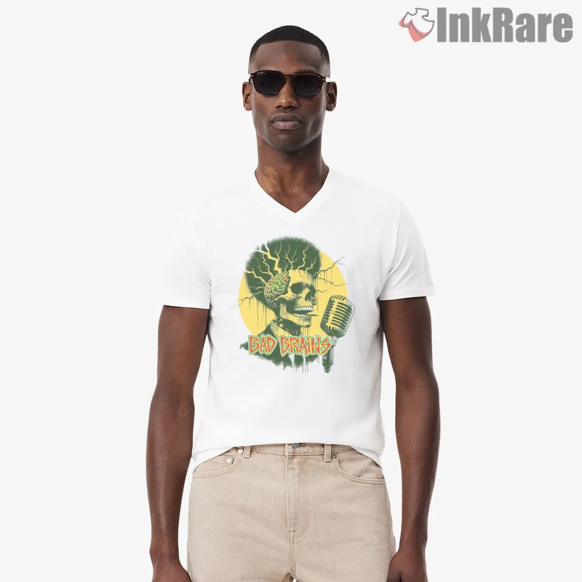 Bad Brains Hip Hop Retro Skull Mic V Neck White Bad Brains Hip Hop Retro Skull Mic Shirt on white v-neck shirt for men graphic tee