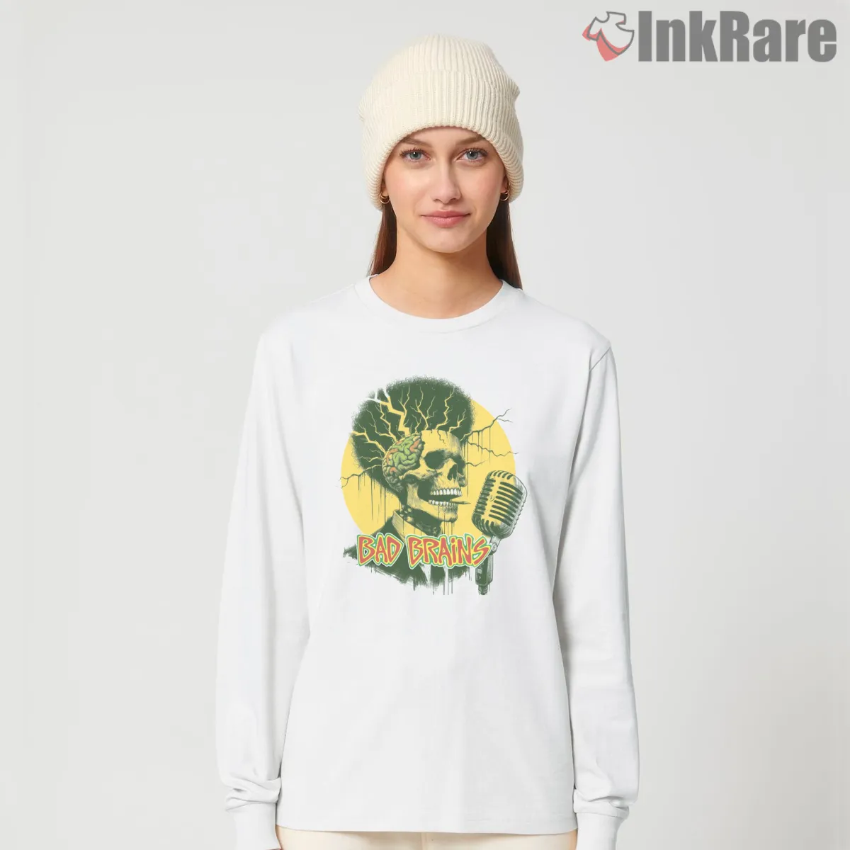 Bad Brains Hip Hop Retro Skull Mic Long Sleeve White Bad Brains Hip Hop Retro Skull Mic Shirt on white long sleeve shirt for women graphic tee