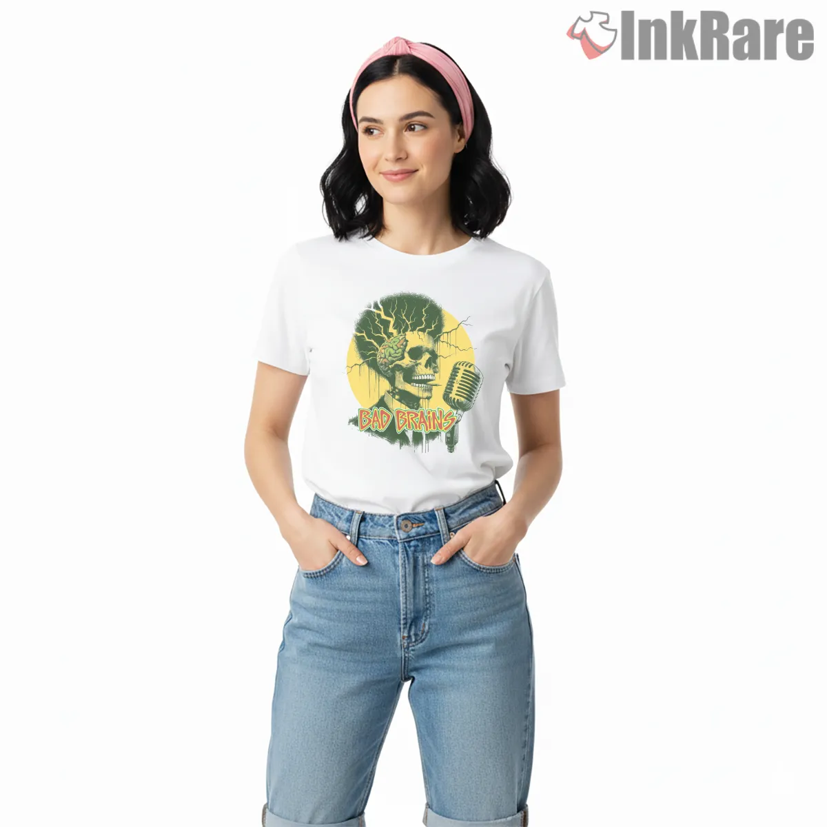 Bad Brains Hip Hop Retro Skull Mic Short Sleeve White Bad Brains Hip Hop Retro Skull Mic Shirt on white short sleeve shirt for women graphic tee