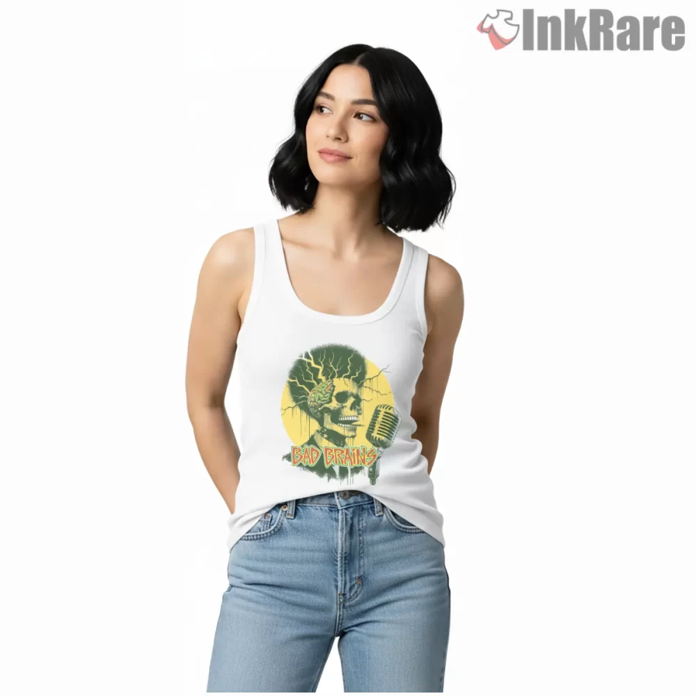 Bad Brains Hip Hop Retro Skull Mic Shirt on white tank top for women graphic tee