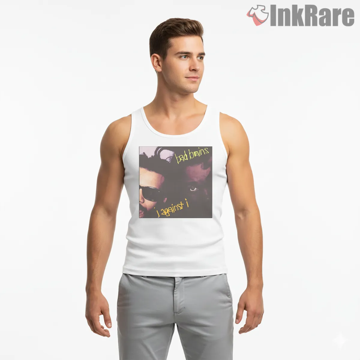 Bad Brains I Against I Album Portrait Tank Top White Bad Brains I Against I Album Portrait Shirt on white tank top for men graphic tee