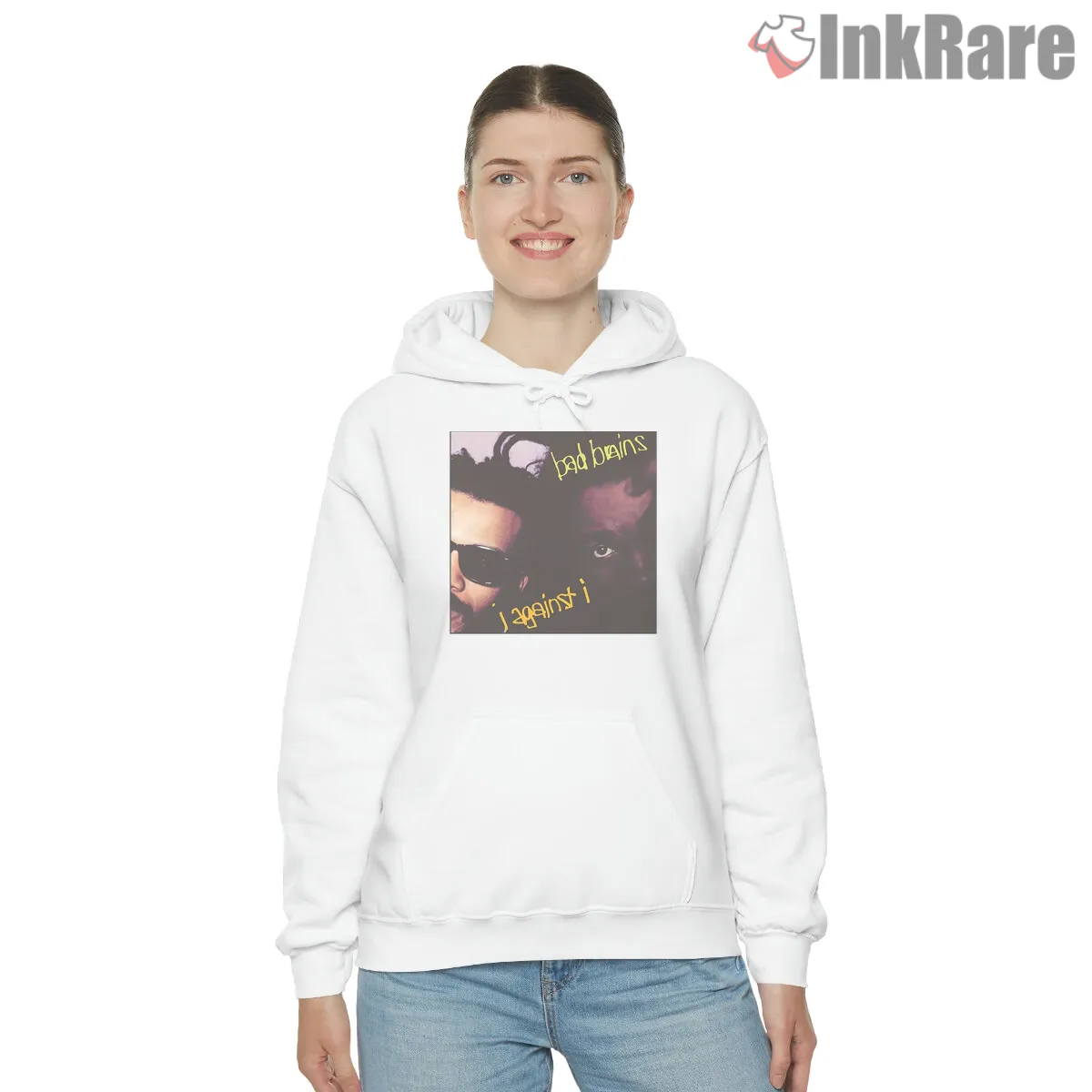 Bad Brains I Against I Album Portrait Hoodie White Bad Brains I Against I Album Portrait Shirt on white hoodie for women graphic tee