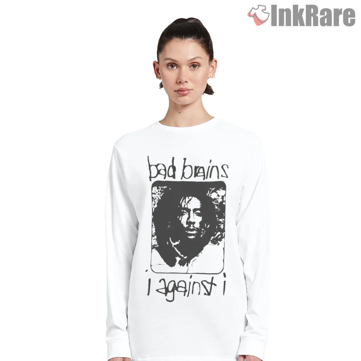 Bad Brains I Against I Band Portrait Long Sleeve White Bad Brains I Against I Band Portrait Shirt on white long sleeve shirt for women graphic tee