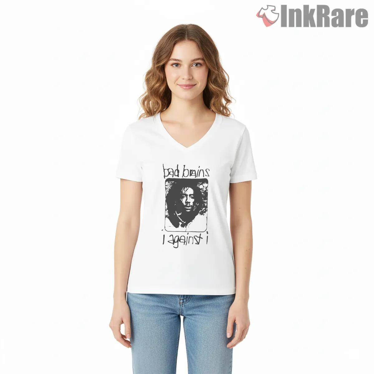 Bad Brains I Against I Band Portrait V Neck White Bad Brains I Against I Band Portrait Shirt on white v-neck shirt for women graphic tee