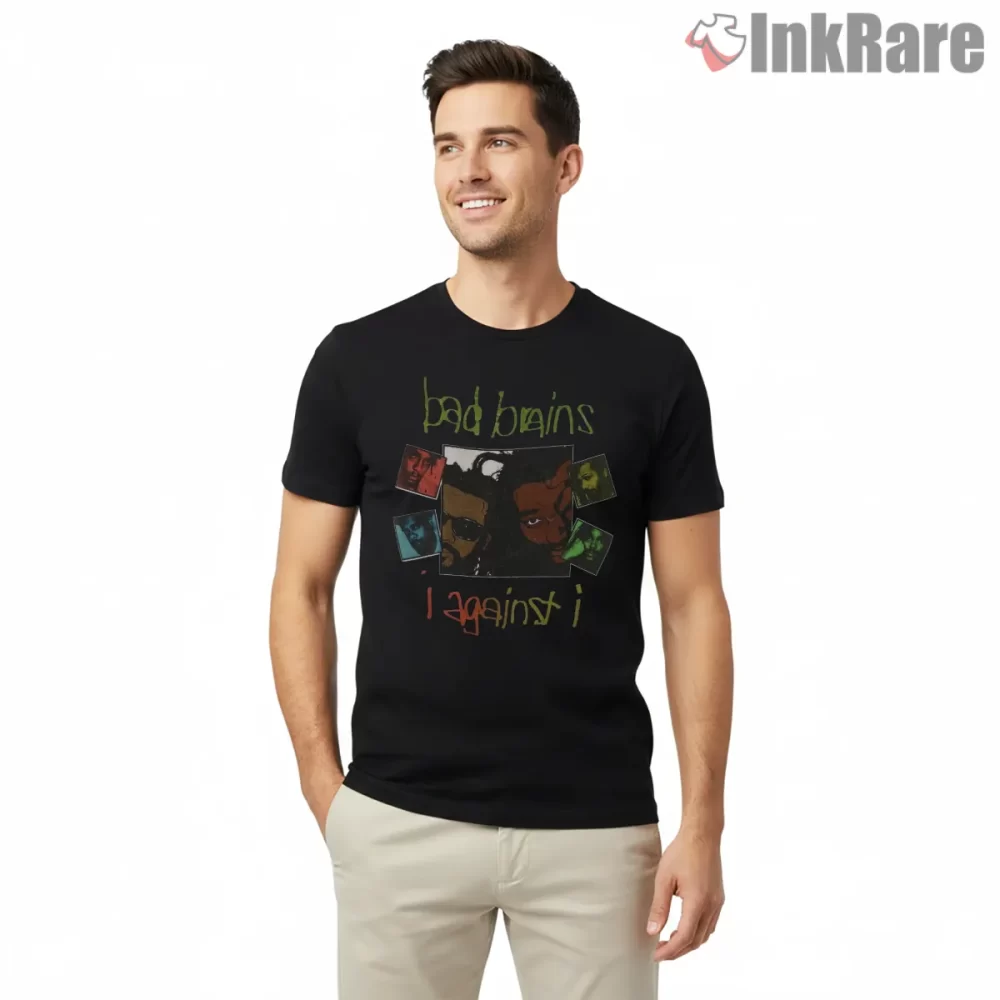 Bad Brains I Against I Collage Portrait Shirt on black short sleeve shirt for men graphic tee