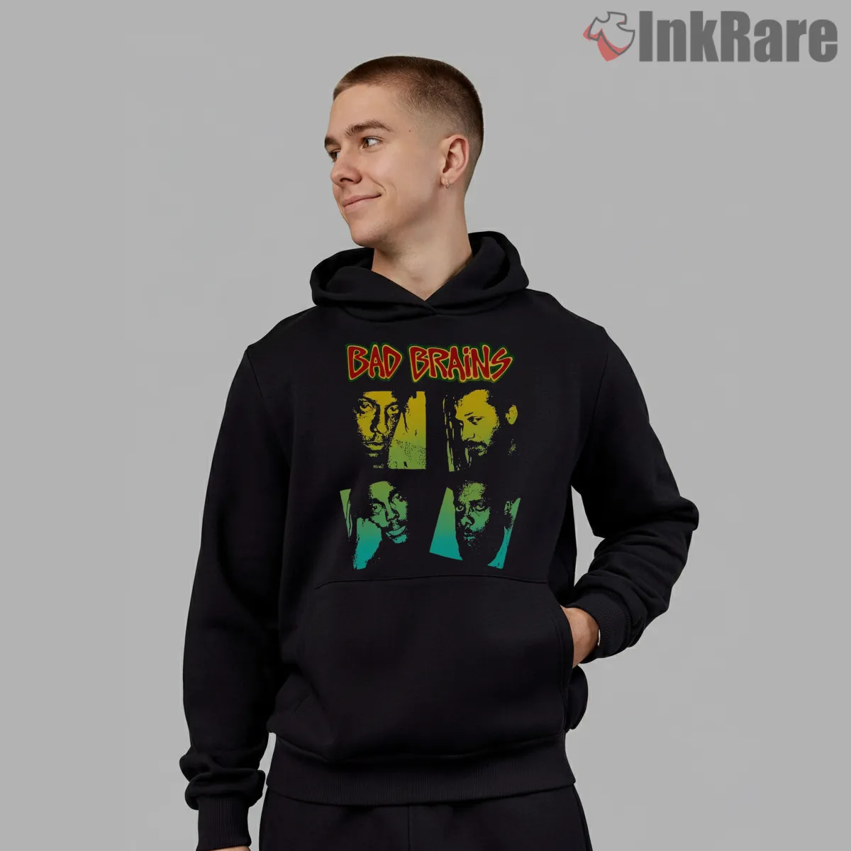 Bad Brains I Against I Color Block Portrait Hoodie Black Bad Brains I Against I Color Block Portrait Shirt on black hoodie for men graphic tee