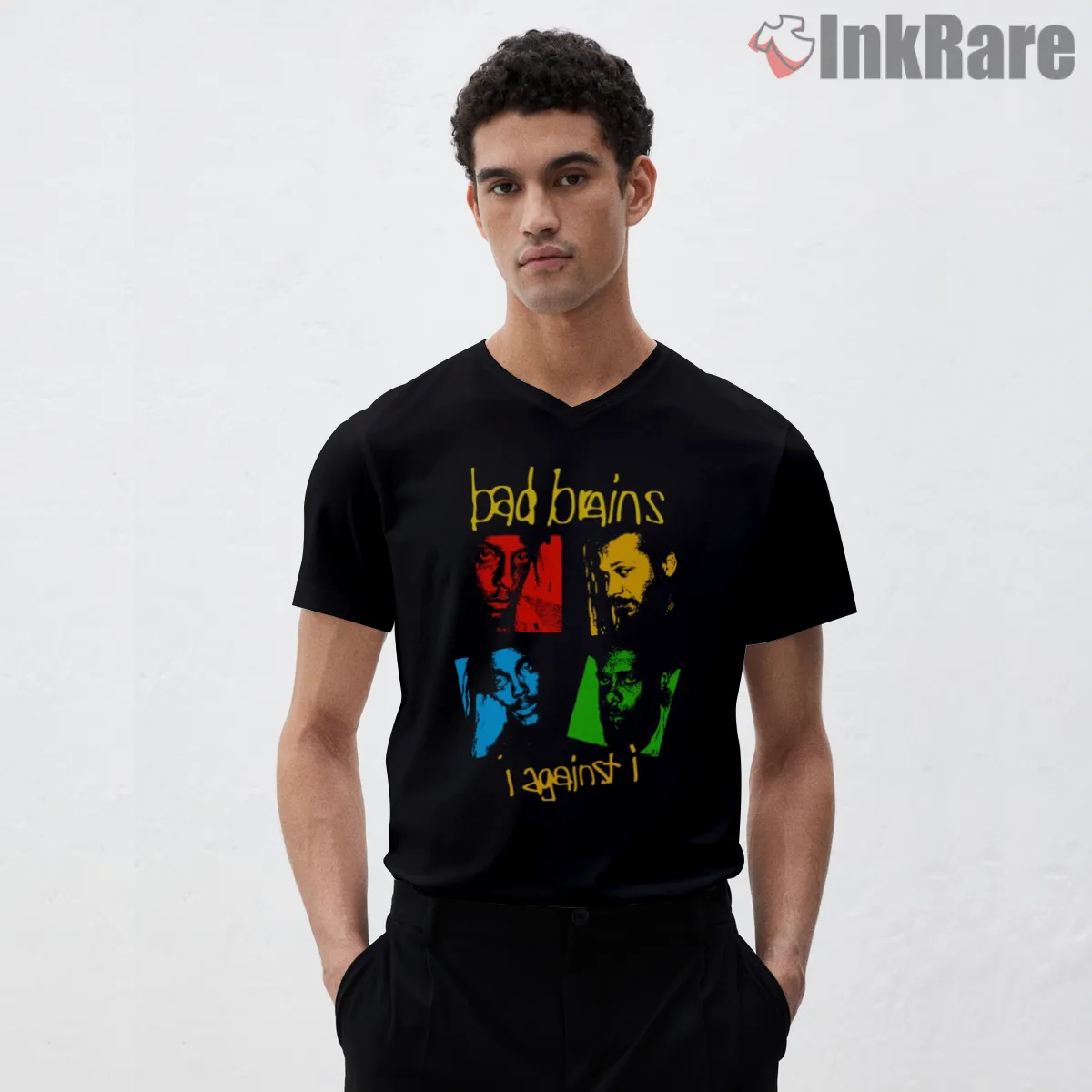 Bad Brains I Against I Split Portrait V Neck Black Bad Brains I Against I Split Portrait Shirt on black v-neck shirt for men graphic tee
