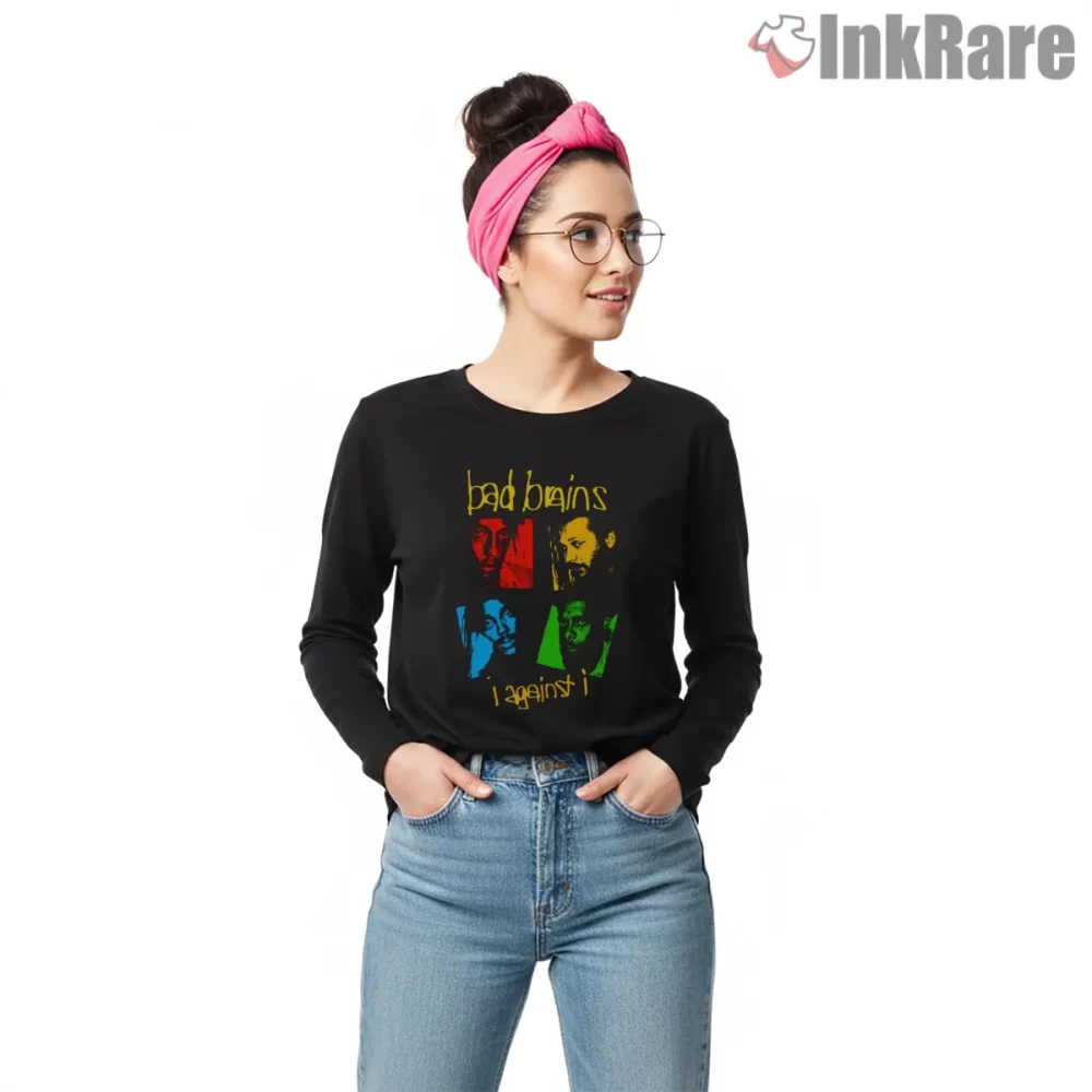 Bad Brains I Against I Split Portrait Shirt on black long sleeve shirt for women graphic tee